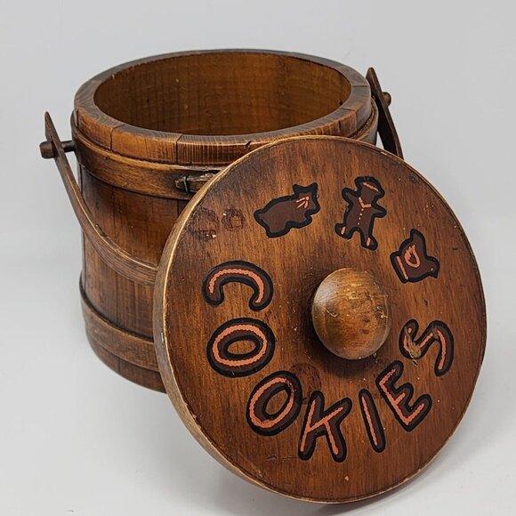 1940s Mountaineers Wooden Cookies Barrel Bucket Rustic Primitive Folk Art - Picture 1 of 11